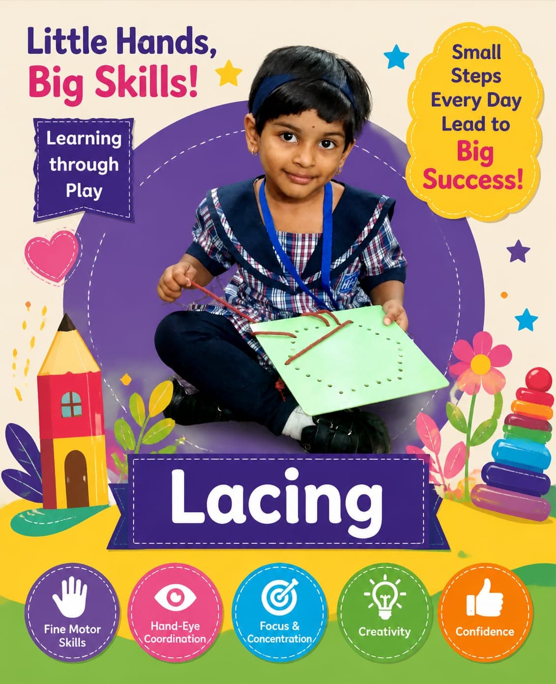 Improves finger coordination, focus, and hand-eye control through guided pattern work.
